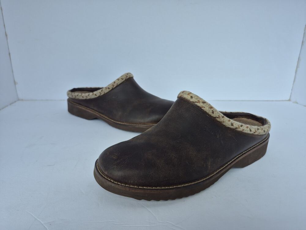Simple Leather Clogs Brown Slip On Mule Shoes Clogs Womens Size 9 Braid Trim